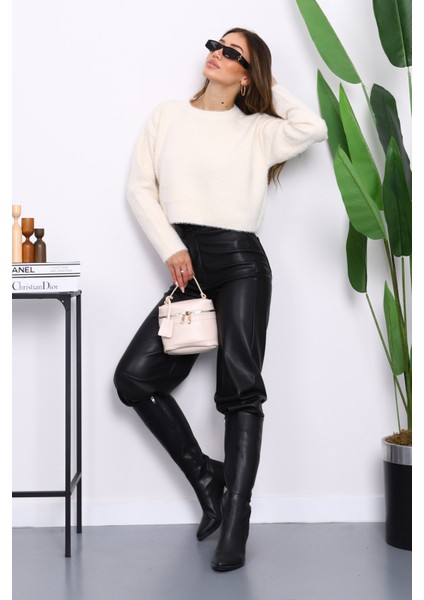 Krem Bisiklet Yaka Angora Yumoş Crop Triko Kazak fiyatları