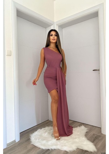 Yırtmacı Volanlı Kısa Kollu Krep Elbise 582185 Gülkurusu