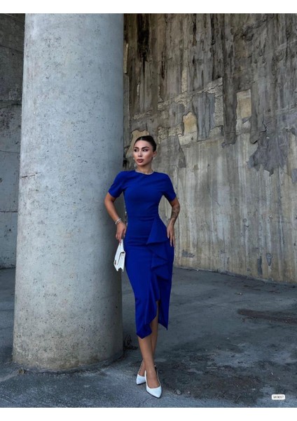 Yırtmacı Volanlı Kısa Kollu Krep Elbise 583017 Saks