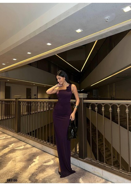 Sandy Kumaş Tek Omuz Detaylı Uzun Elbise 583186 Mor