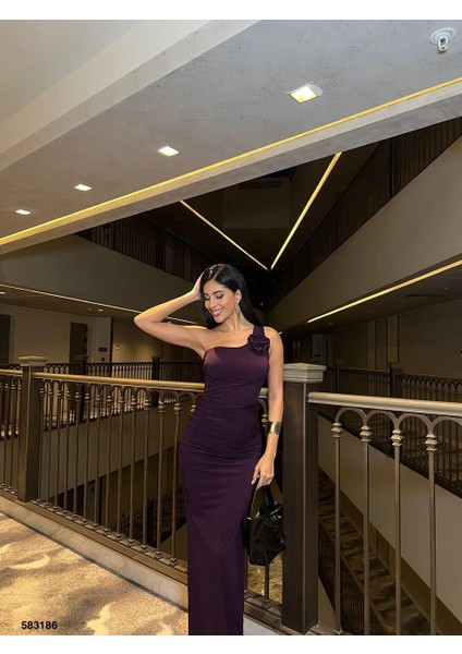 Sandy Kumaş Tek Omuz Detaylı Uzun Elbise 583186 Mor modelleri
