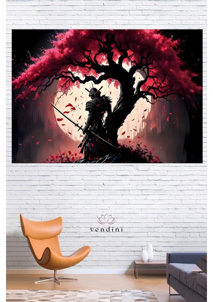 Kırmızı Akça Ağaç ve Samurai Duvar Örtüsü Duvar Halısı Wall Tapestry