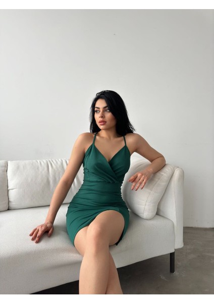 Kadın Askılı Sırt Çapraz Detay Kısa Yırtmaçlı Mini Krep Kumaş Elbise (Renkli)