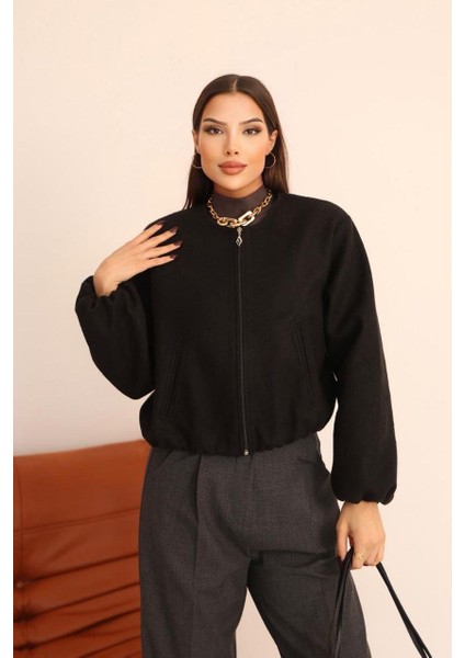 Bel Lastikli Kaşe Bomber Ceket - Siyah