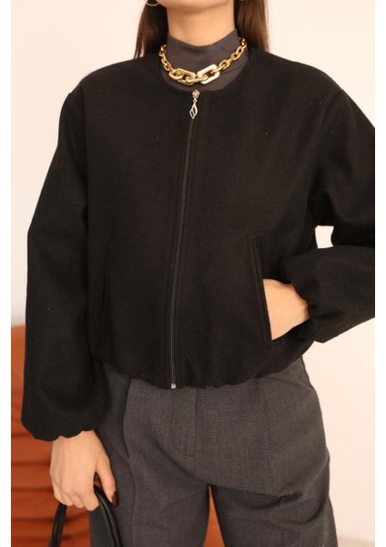 Bel Lastikli Kaşe Bomber Ceket - Siyah fırsatları