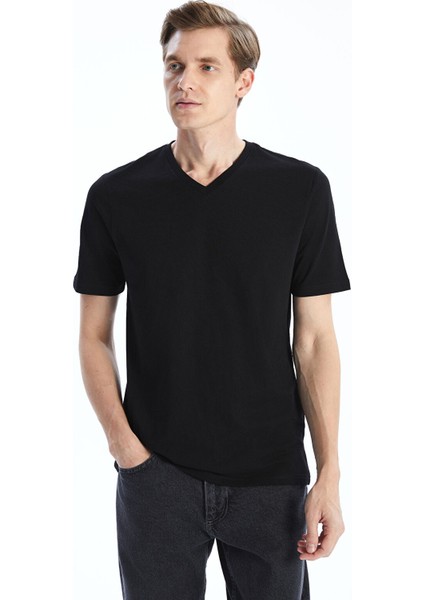 Yeni Sezon V Yaka Kısa Kollu Penye Erkek Tişört