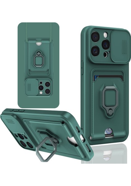 iPhone 15 Pro Max Uyumlu Taşıma Askılı - Kartlıklı - Stantlı - Kamera Korumalı Silikon Telefon Kılıfı