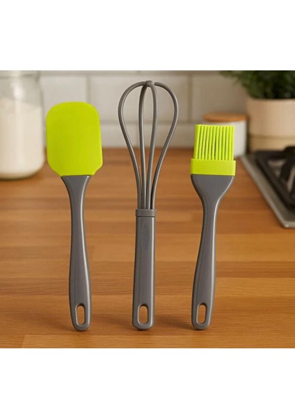 3'lü Pratik Mutfak Seti Sağlam Plastik Fırça-Spatula-Çırpıcı Yeşil