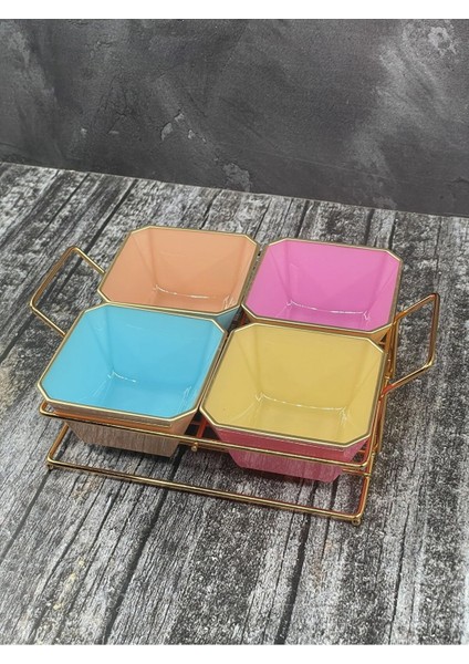 4 Bölmeli Gold Standlı Cam Kahvaltılık Çerezlik Sunumluk Renkli fiyatları