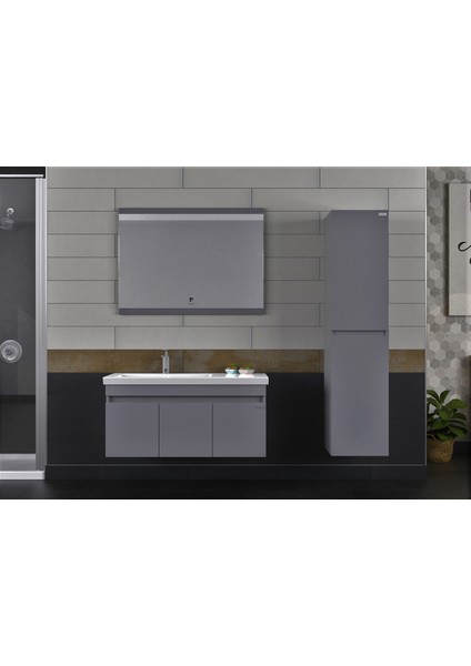 Summer 100CM Mat Antrasit (Gri) Banyo Dolabı (Ayna+Lavabo+Alt Dolap)