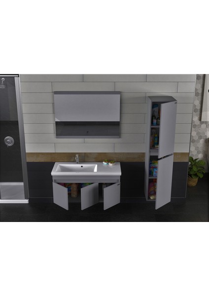 Summer 100CM Mat Antrasit (Gri) Banyo Dolabı (Ayna+Lavabo+Alt Dolap) modelleri