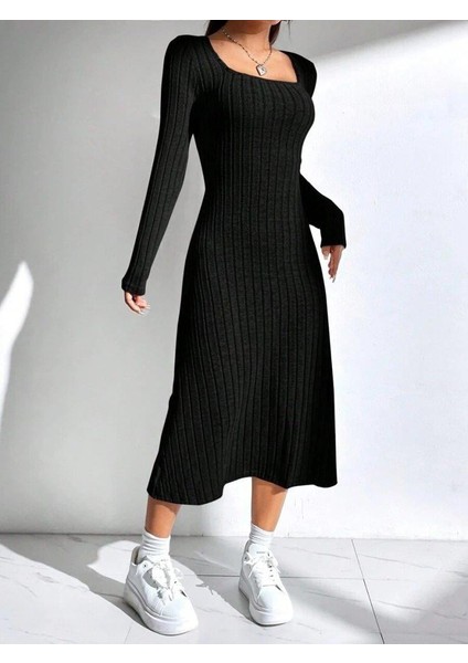 Kadın Uzun Kollu Kare Yaka Midi Kaşkorse Elbise modelleri