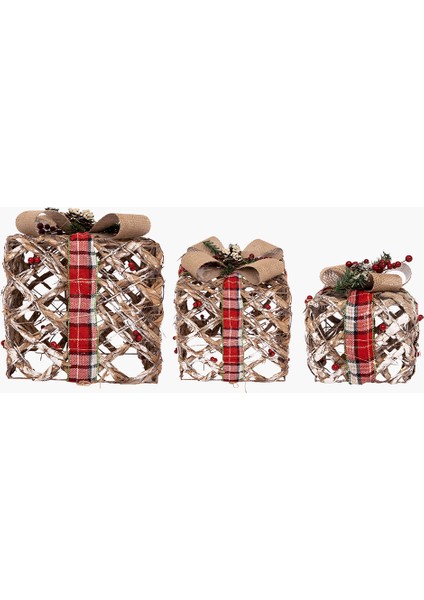 Işıklı Kırmızı, Siyah Şeritli Hediye Paket Seti 15+20+25CM (Kendinden Led'li)