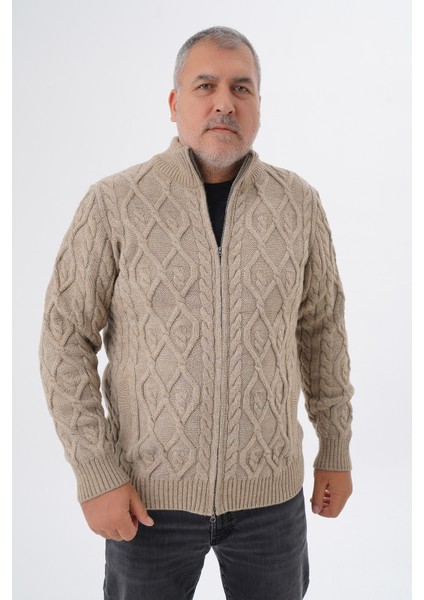 Büyük Beden Erkek Cepli Fermuarlı Yürütme Saç Örgülü Yün Hırka TRIST-2120