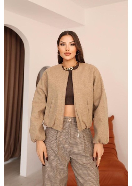 Bel Lastikli Kaşe Bomber Ceket - Bej