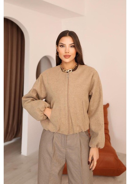 Bel Lastikli Kaşe Bomber Ceket - Bej fiyatları