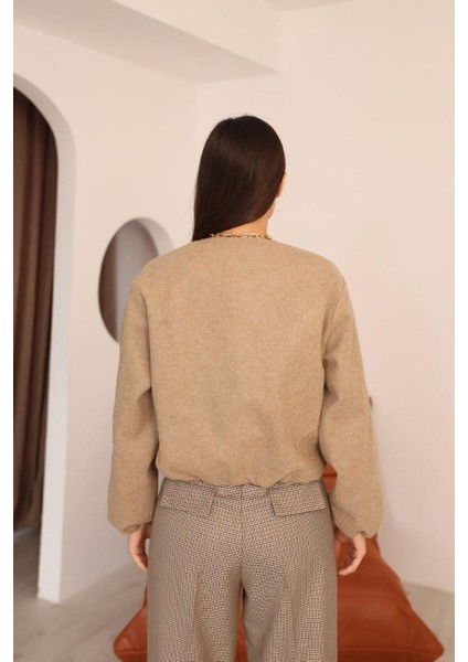 Bel Lastikli Kaşe Bomber Ceket - Bej fırsatları