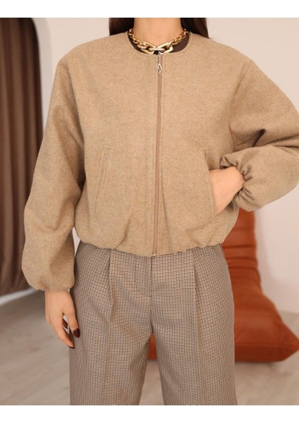 Bel Lastikli Kaşe Bomber Ceket - Bej indirimleri