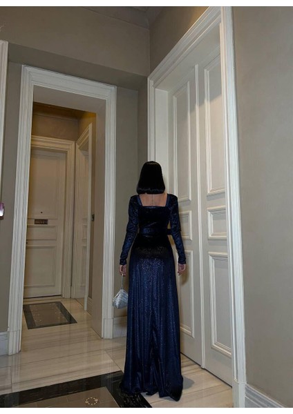 Esnek Simli Kadife Kare Yaka Taş ve Kemer Detaylı Abiye Elbise 583122 Lacivert modelleri