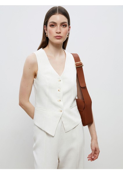 Yeni Sezon V Yaka Çizgili Keten Görünümlü Kadın Klasik Yelek