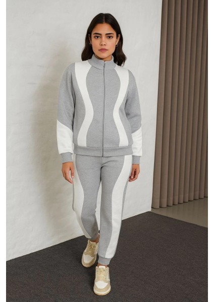 Kadın Premium Parçalı Eşofman Takım - Dik Yaka Fermuarlı Sweatshirt - Gri fiyatları