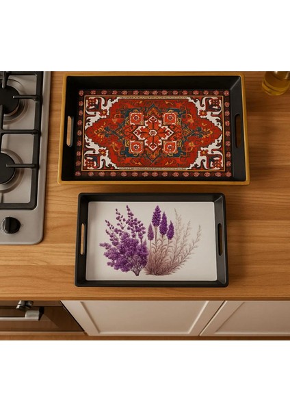 Asorti 2'li Dikdörtgen Sunum Tepsi Seti Şık Dekoratif Ikram Tepsisi 32X45 cm ve 31X22,5 ve 45X31CM