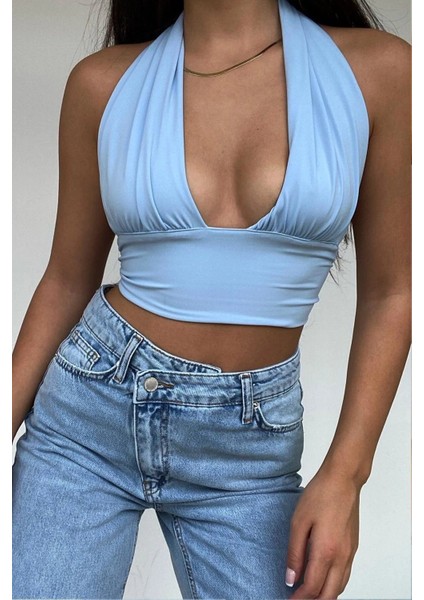 Kadın Yazlık Boyun Bağlamalı Askılı Değişken Yaka Crop Kahverengi Bluz Büstiyer