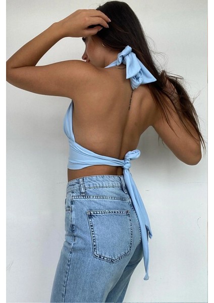 Kadın Yazlık Boyun Bağlamalı Askılı Değişken Yaka Crop Kahverengi Bluz Büstiyer modelleri