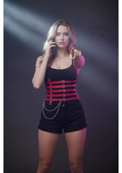 Zincir Detaylı 5 Sıralı Kırmızı Deri Kemer, Deri Korse Kemer - APFT626