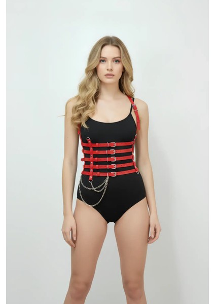 Zincir Detaylı 5 Sıralı Kırmızı Deri Kemer, Deri Korse Kemer - APFT626 fiyatları