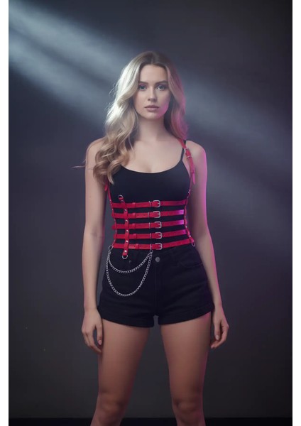 Zincir Detaylı 5 Sıralı Kırmızı Deri Kemer, Deri Korse Kemer - APFT626 modelleri