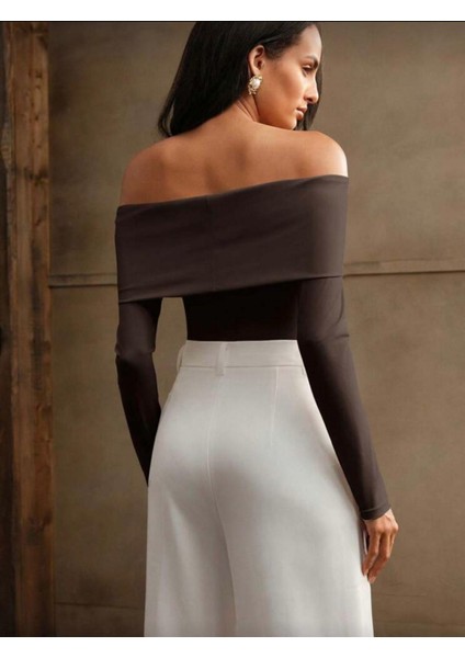 Kadın Omuzlar Düşük Önü Düğümlü Sandy Kumaş Uzun Kollu Bluz 0033 modelleri