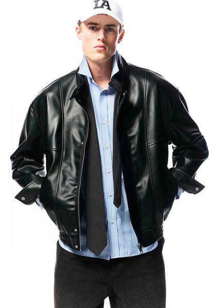 Yeni Sezon Rahat Kalıp Dik Yaka Erkek Deri Görünümlü Ceket