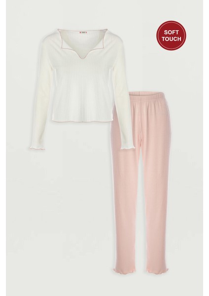 Kadın Soft Touch Fitilli Uzun Kollu Pijama Takımı