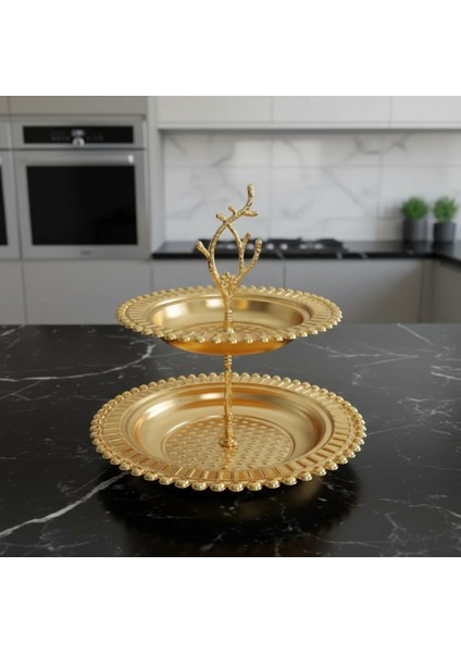 Manolya Iki Katlı Yuvarlak Gold Renk Servis Tepsisi