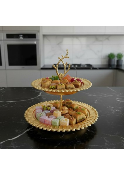 Manolya Iki Katlı Yuvarlak Gold Renk Servis Tepsisi fiyatları