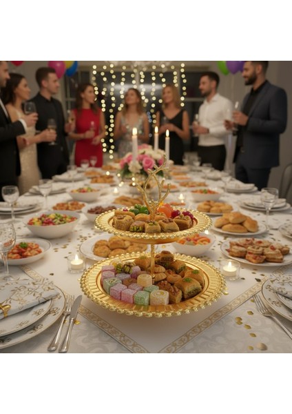 Manolya Iki Katlı Yuvarlak Gold Renk Servis Tepsisi modelleri