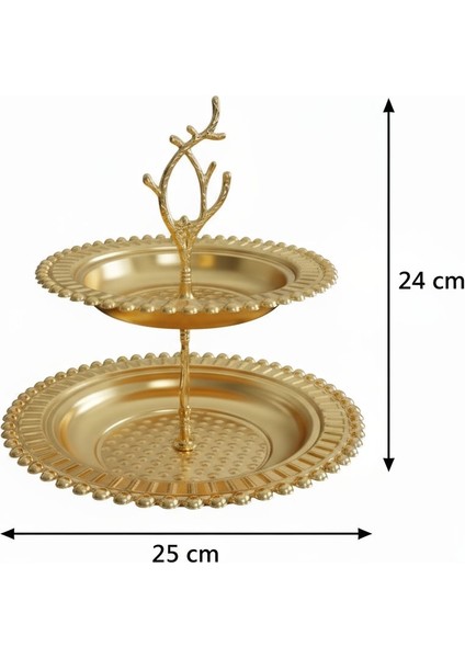 Manolya Iki Katlı Yuvarlak Gold Renk Servis Tepsisi fırsatları