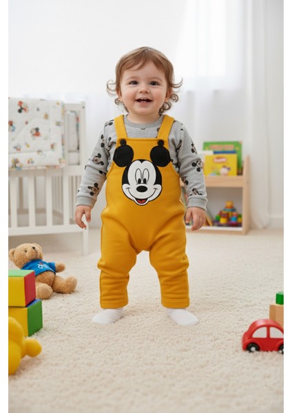 Mickey Mouse Baskılı Içi Badili Salopet Bebek Tulumu