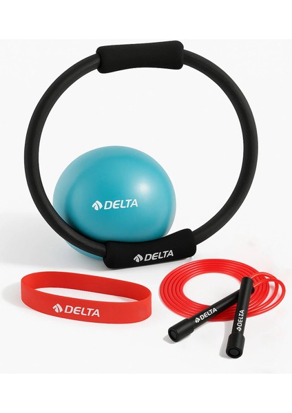 Pilates Kardiyo Seti – 35 cm Çember + Aerobik Direnç Bandı + Pilates Topu (20 Cm) + Atlama Ipi