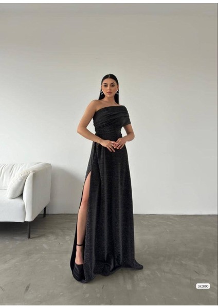 Tek Omuz Simli Yırtmaç Detay Abiye Elbise 582890 Siyah