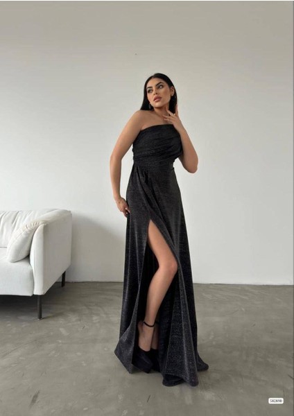 Tek Omuz Simli Yırtmaç Detay Abiye Elbise 582890 Siyah fiyatları