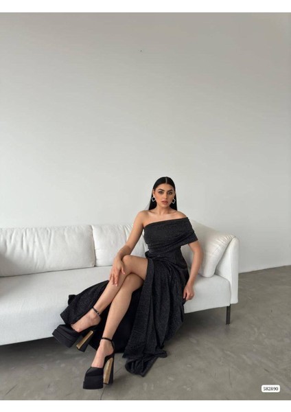 Tek Omuz Simli Yırtmaç Detay Abiye Elbise 582890 Siyah modelleri
