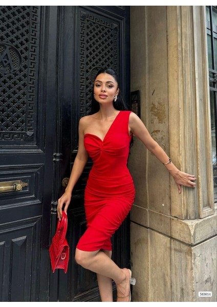 Tek Kol Göğüs Detaylı Büzgülü Elbise 583014 Kırmızı modelleri