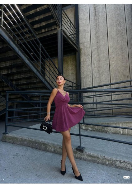 Ince Askılı Kruvaze Yaka Simli Elbise 582115 Gülkurusu fiyatları