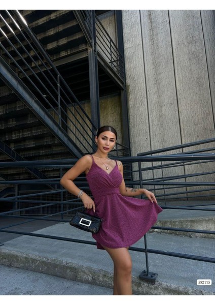 Ince Askılı Kruvaze Yaka Simli Elbise 582115 Gülkurusu modelleri