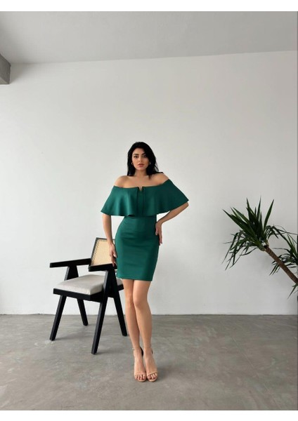 Düşük Omuz Mini Scuba Elbise 58985 Zümrüt