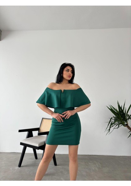 Düşük Omuz Mini Scuba Elbise 58985 Zümrüt fiyatları