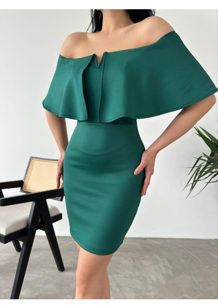 Düşük Omuz Mini Scuba Elbise 58985 Zümrüt modelleri