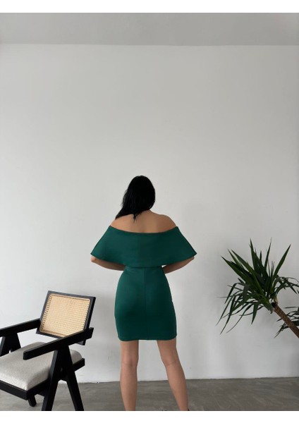 Düşük Omuz Mini Scuba Elbise 58985 Zümrüt fırsatları